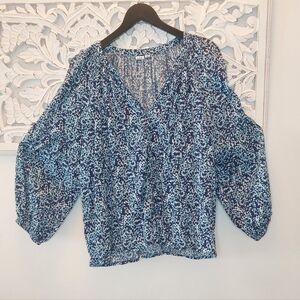 GAP Blue Ditsy Floral Pintuck Blouse XL Balloon Sleeves